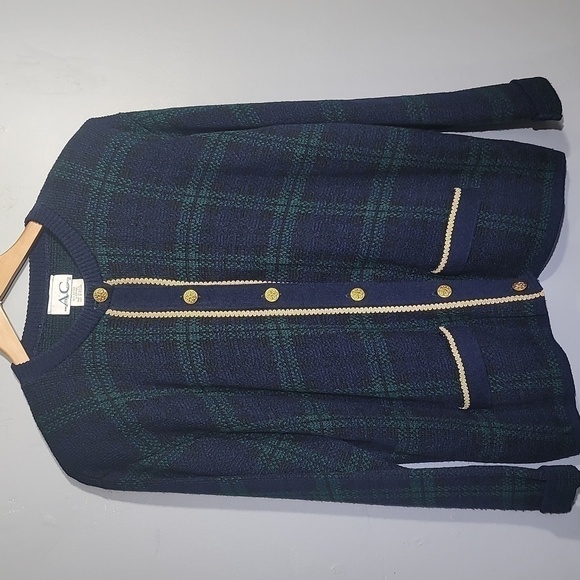 VINTAGE 80's American Collection Plaid Navy Green Grandma Core Cardigan Sweater - Picture 1 of 8